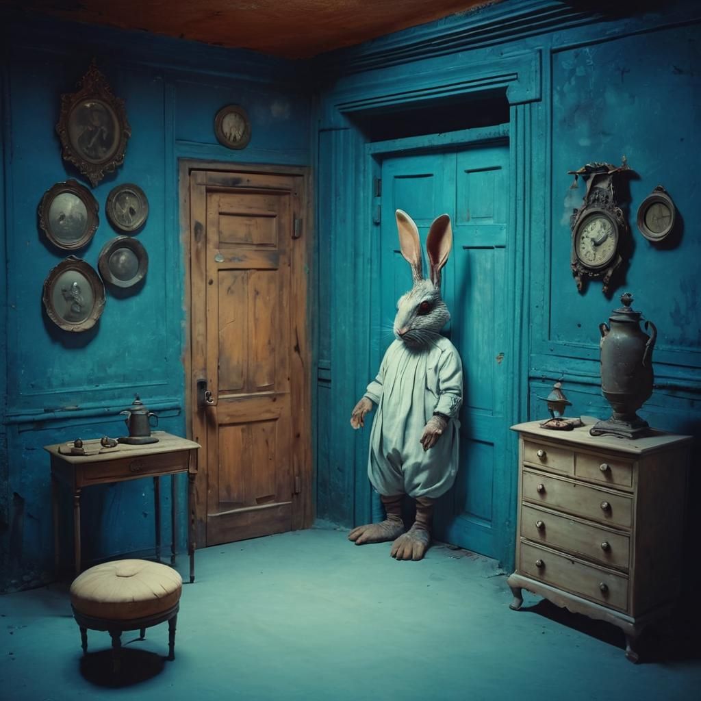 Sepia Photo of Creature Hiding From Glowing-Eyed Rabbit