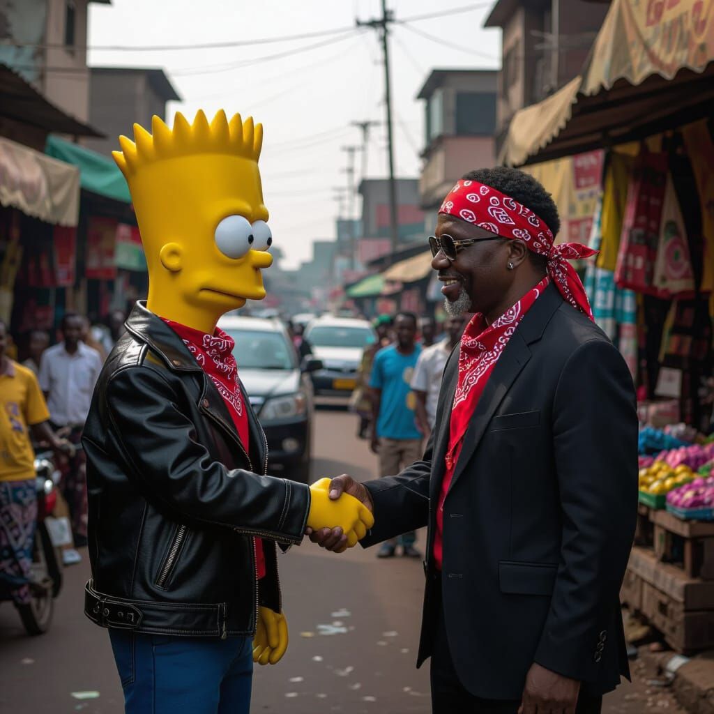 Hyperrealistic Bart Simpson Gangster with Tinubu in Lagos