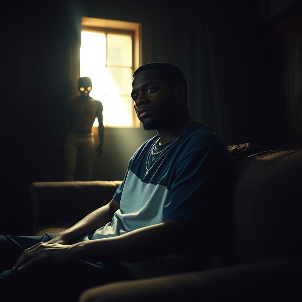 Exhausted Rapper with Ghostly Silhouette, Cinematic Lighting