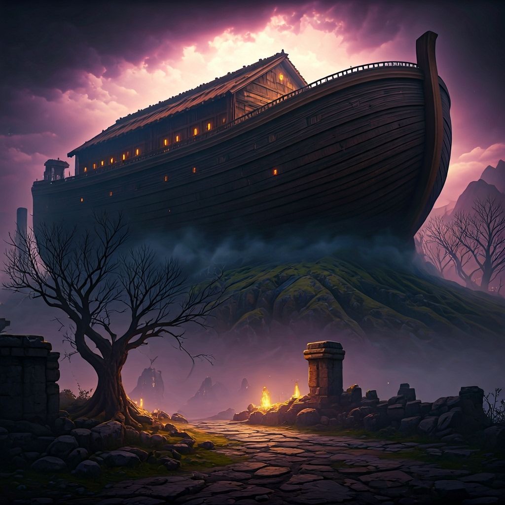 Noah's Ark on Ararat in Dark Fantasy Style
