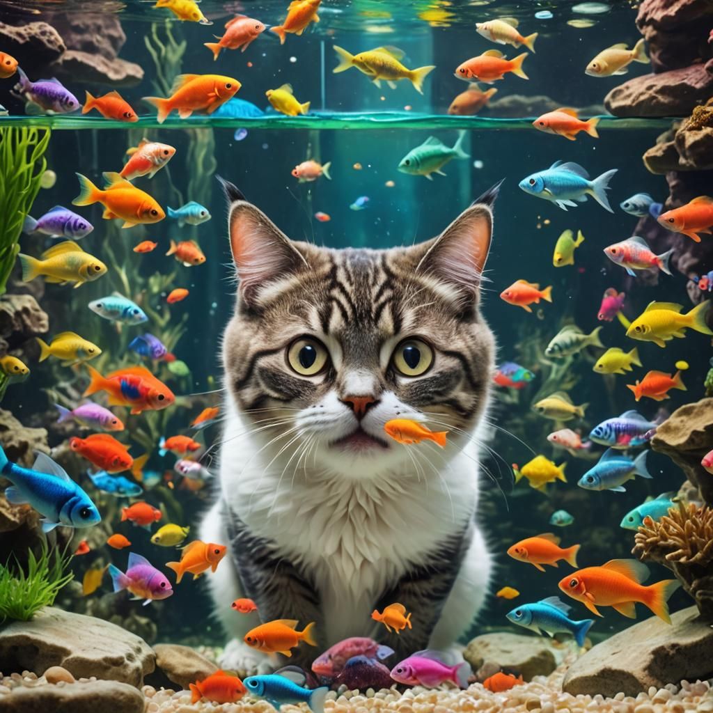 Funny Cat Stares at Colorful Fish in Aquarium