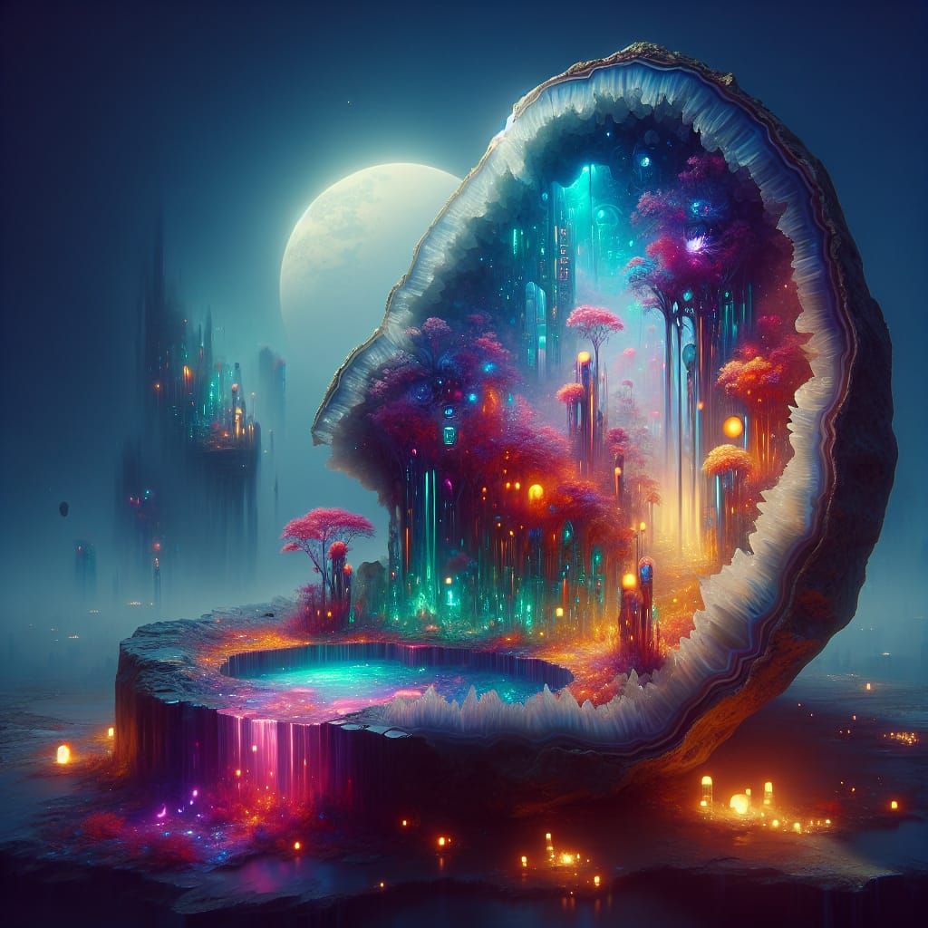 Cybernetic Rainforest Unfolds from Ancient Geode