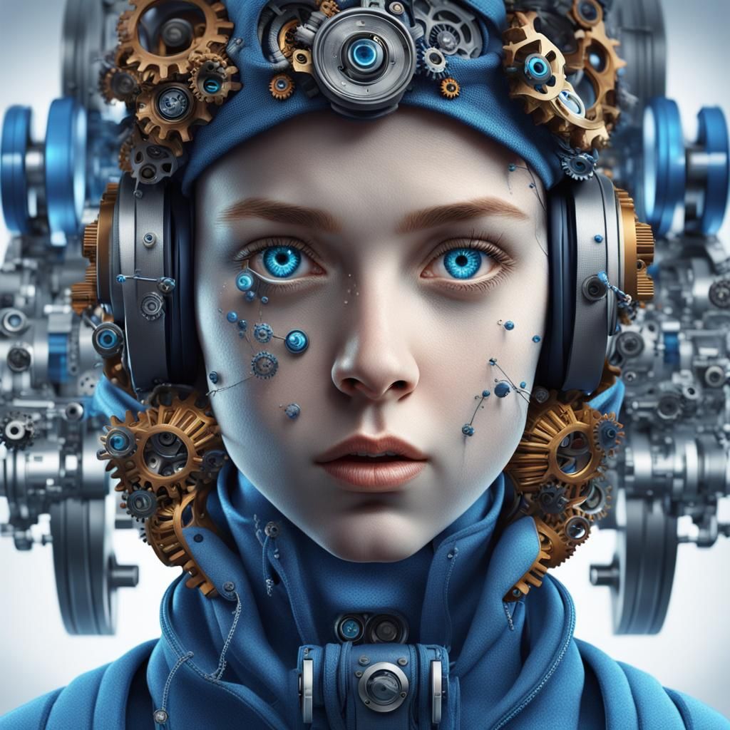 Gear Wheel Girl: Hyperrealistic Portrait in Deep Color