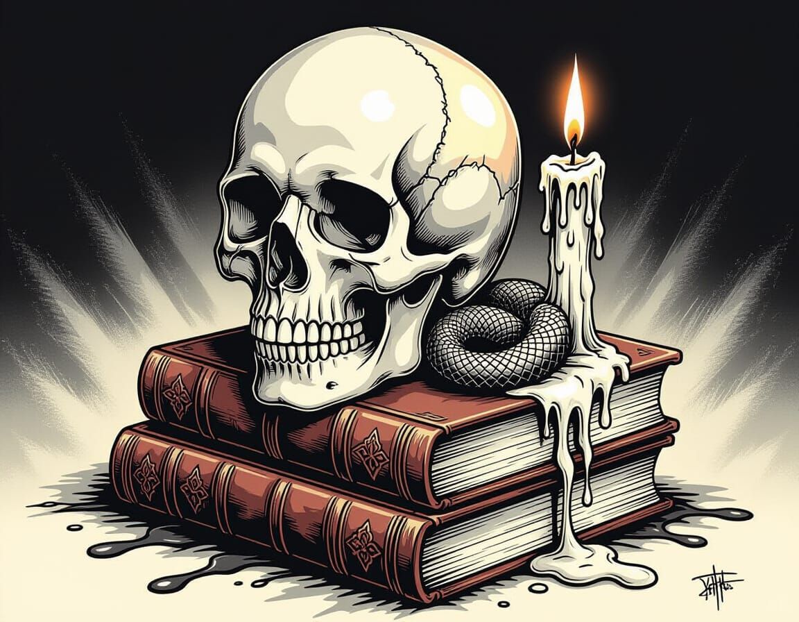 Skull and Serpent Tattoo Design in High Contrast Black Ink