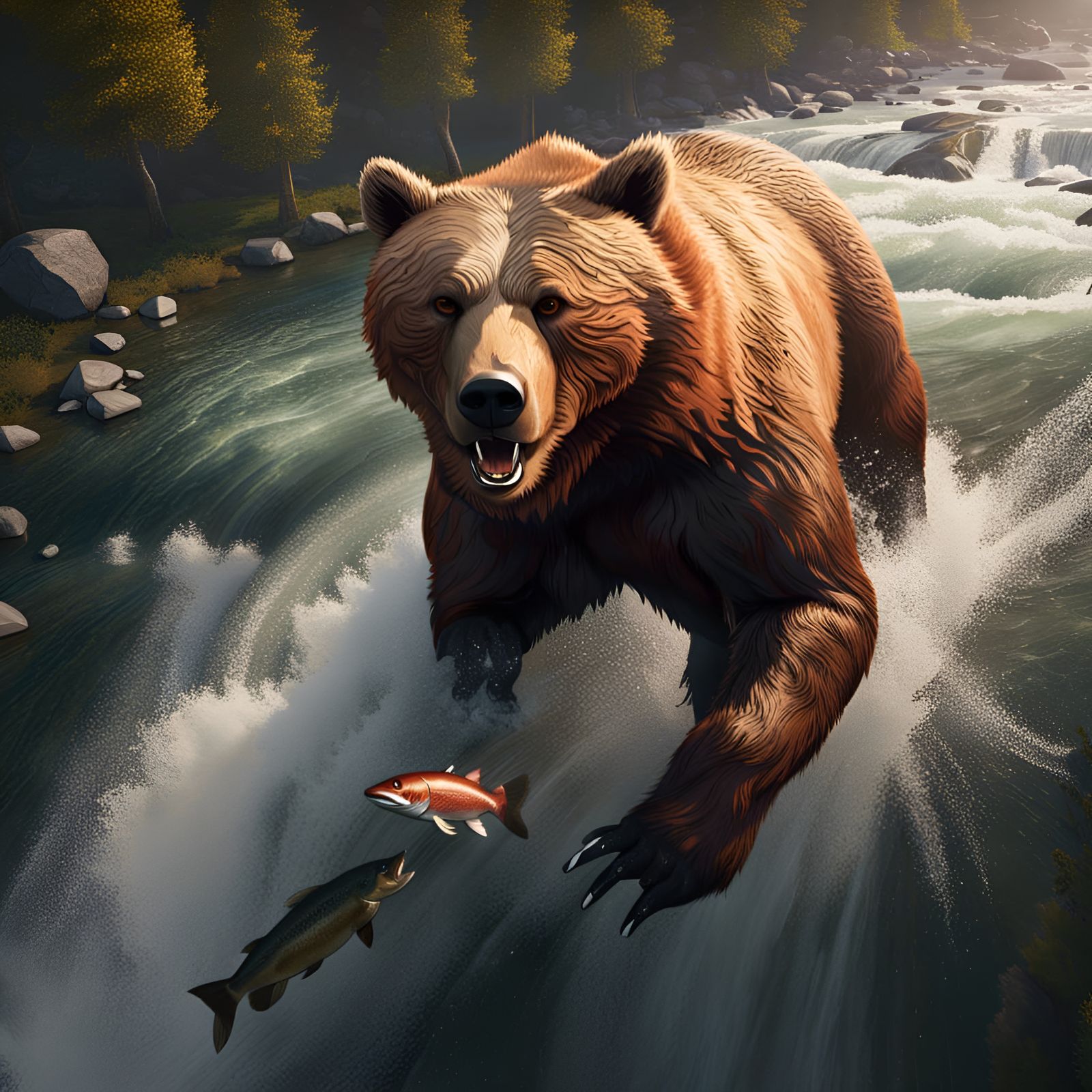 Grizzly Bear Catching Salmon: Detailed Matte Painting