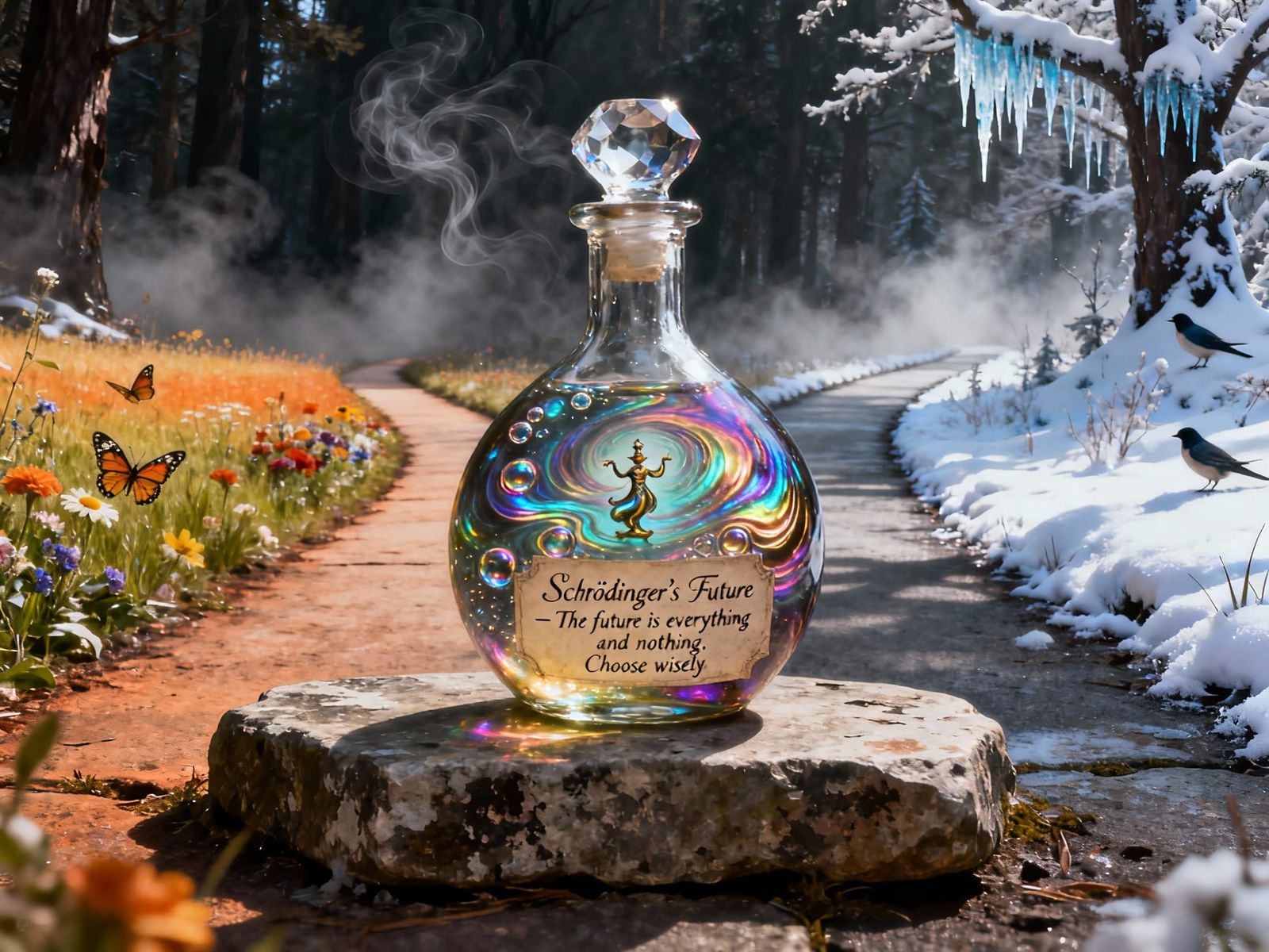 Swirling Potion Bottle in Surreal Forest, Choose Your Future