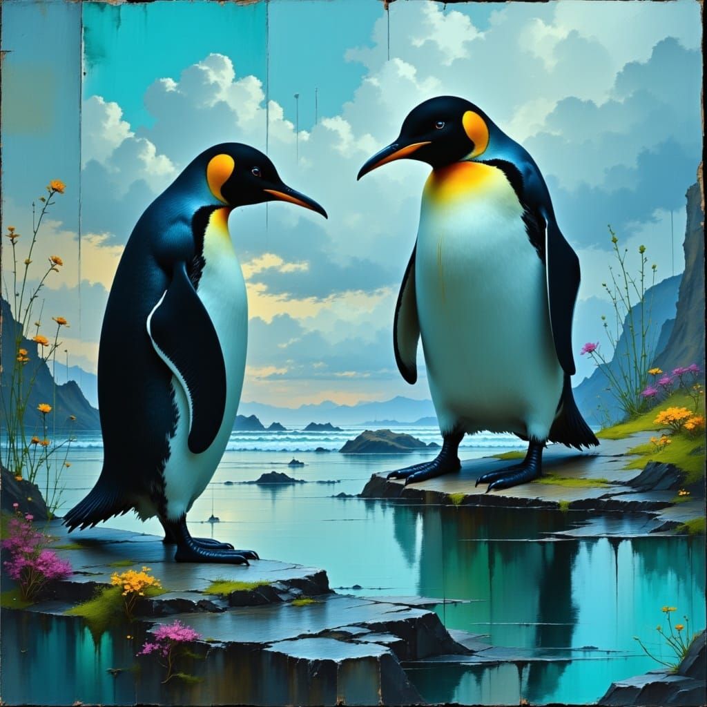 Cyberpunk Penguin Confronts the City's Reflection