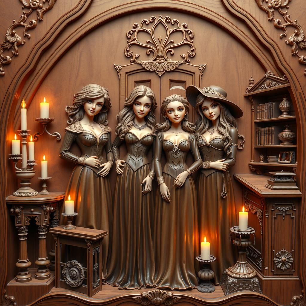 Charmed Sisters in Wood Relief Sculpture