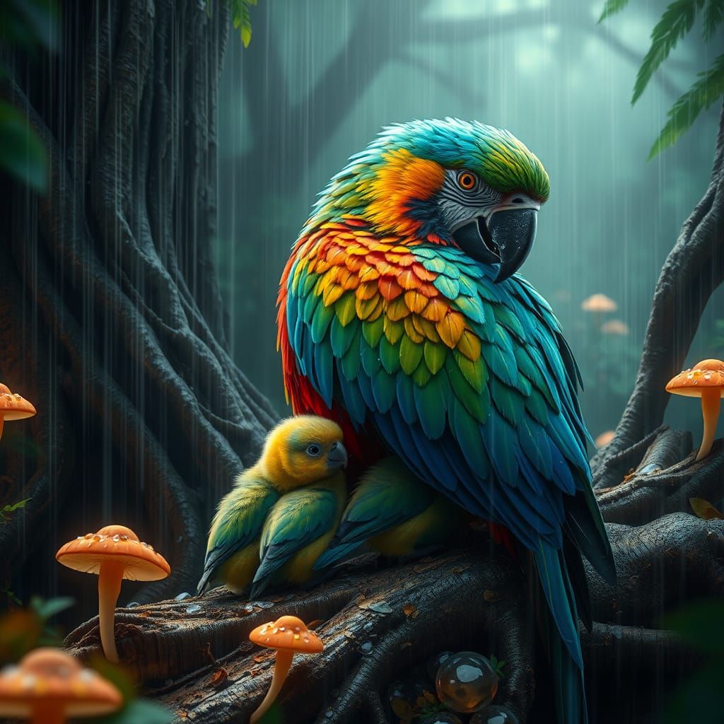 Mother Parrot Sheltering Chicks in Mystical Forest