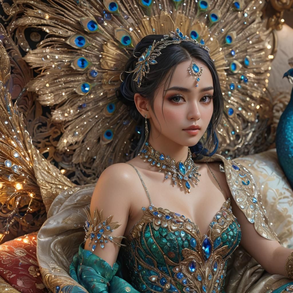 Peacock Girl with Gemstones in 3D Anime Art