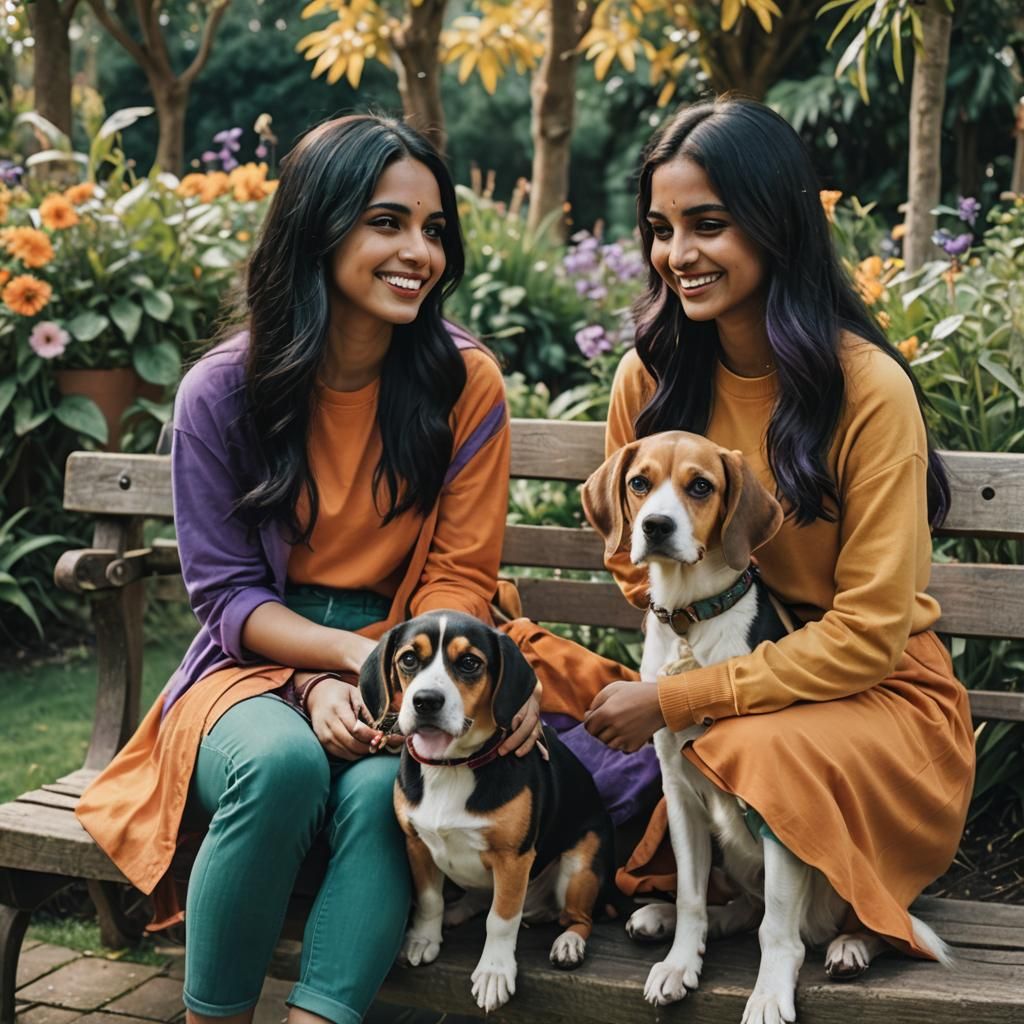 Indian Girls with Beagle in Garden