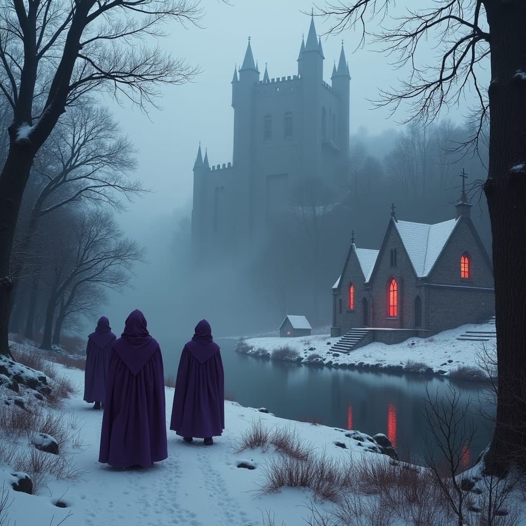 Majestic Castle Ruins in Dark Forest with Purple Figures