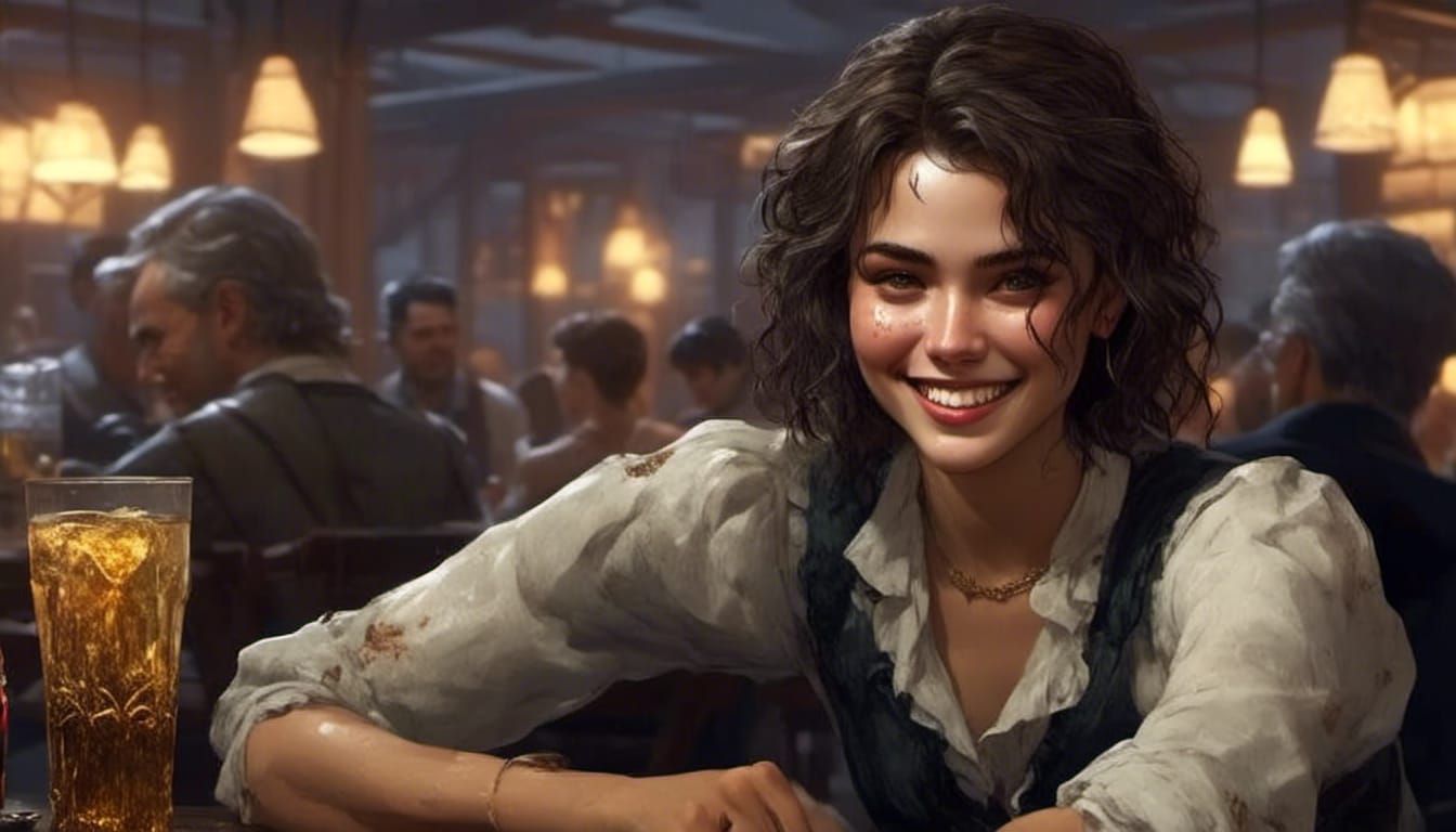 Vampire Woman Smiling in Bar, Hyperdetailed Digital Portrait