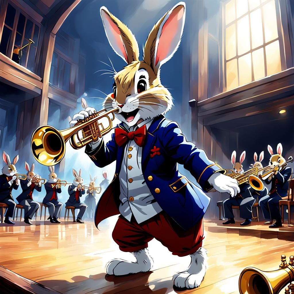 Rabbit Plays Trumpet in Anime Style