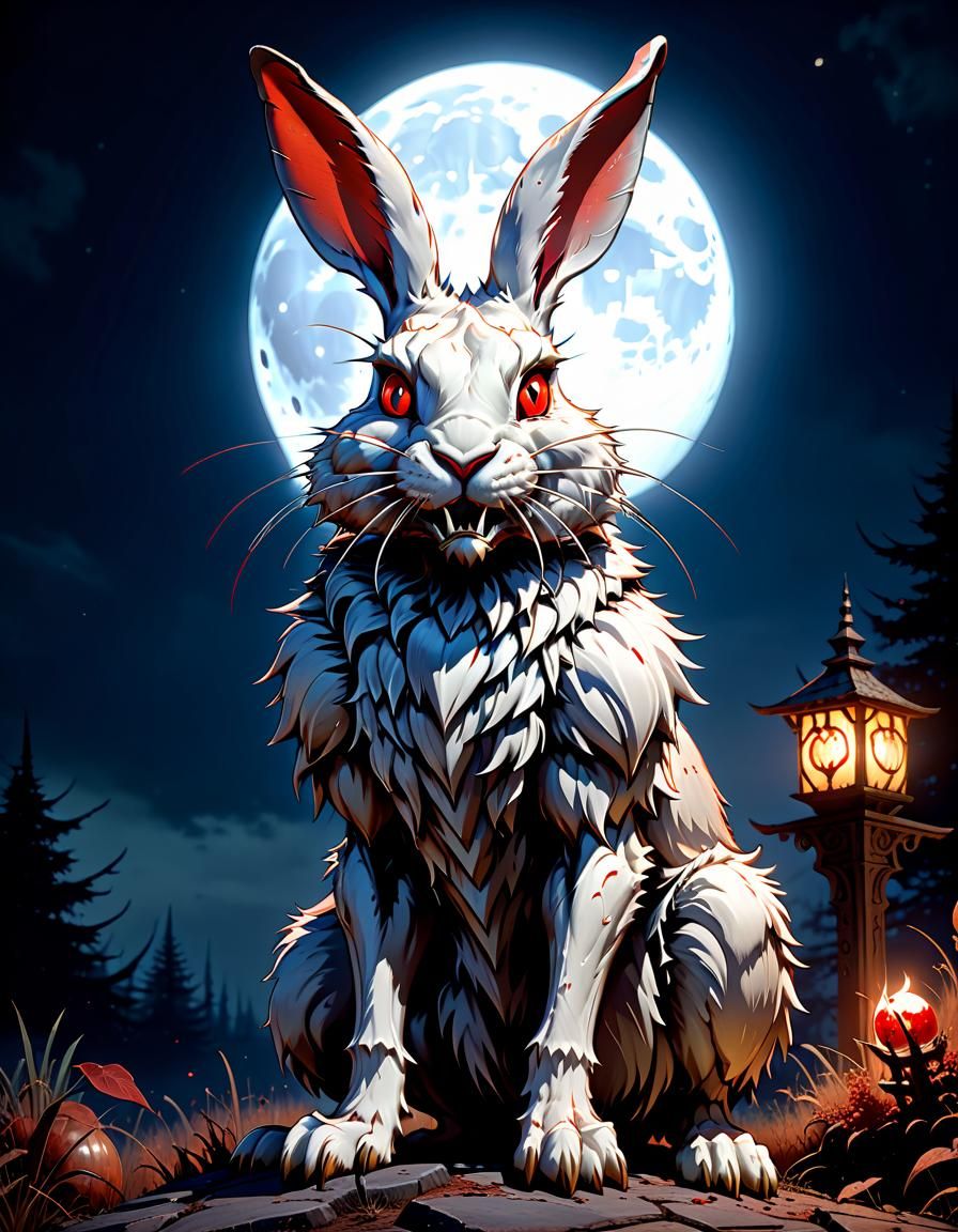 Feral Were-Rabbit Portrait Under Blood Moon, Art Nouveau