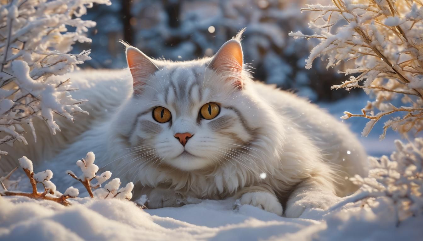 Cat Rolls in Snow, Hyperrealistic Concept Art