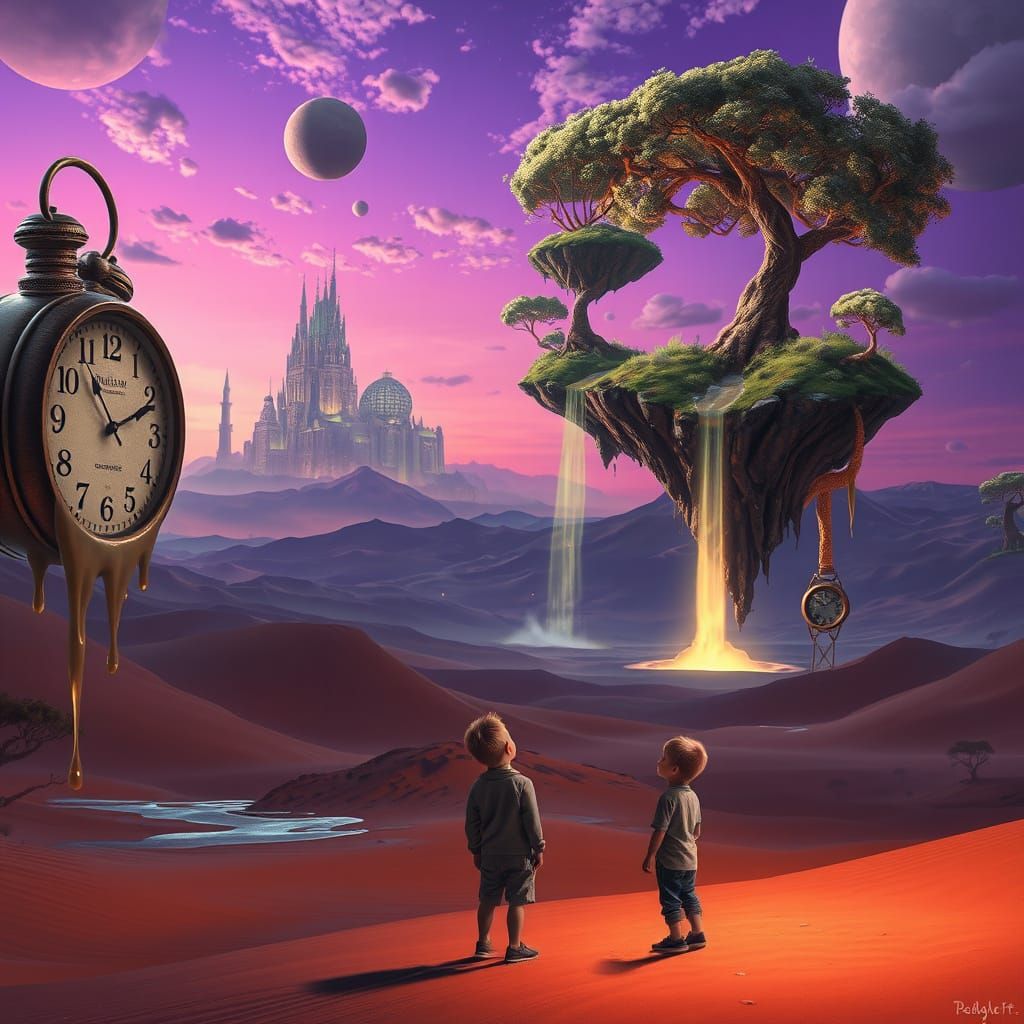 Surreal Desert Landscape with Melting Clocks