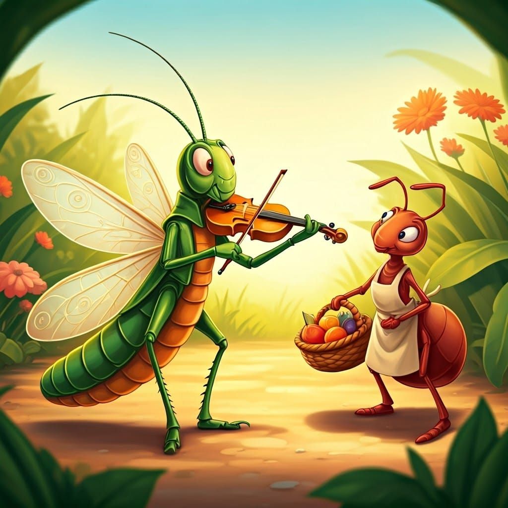 Dapper Grasshopper in Summer Garden, Holding Fiddle