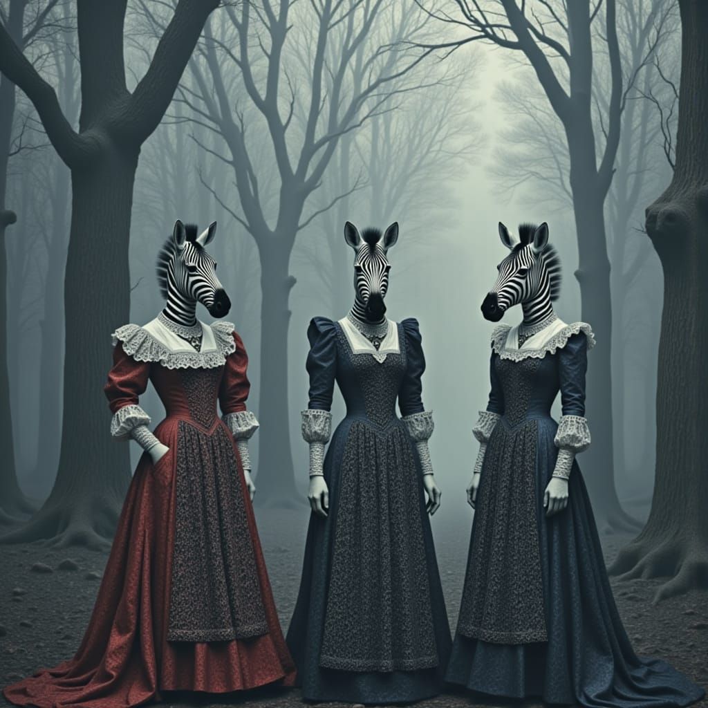 Victorian Women with Zebra Heads in Surreal Forest