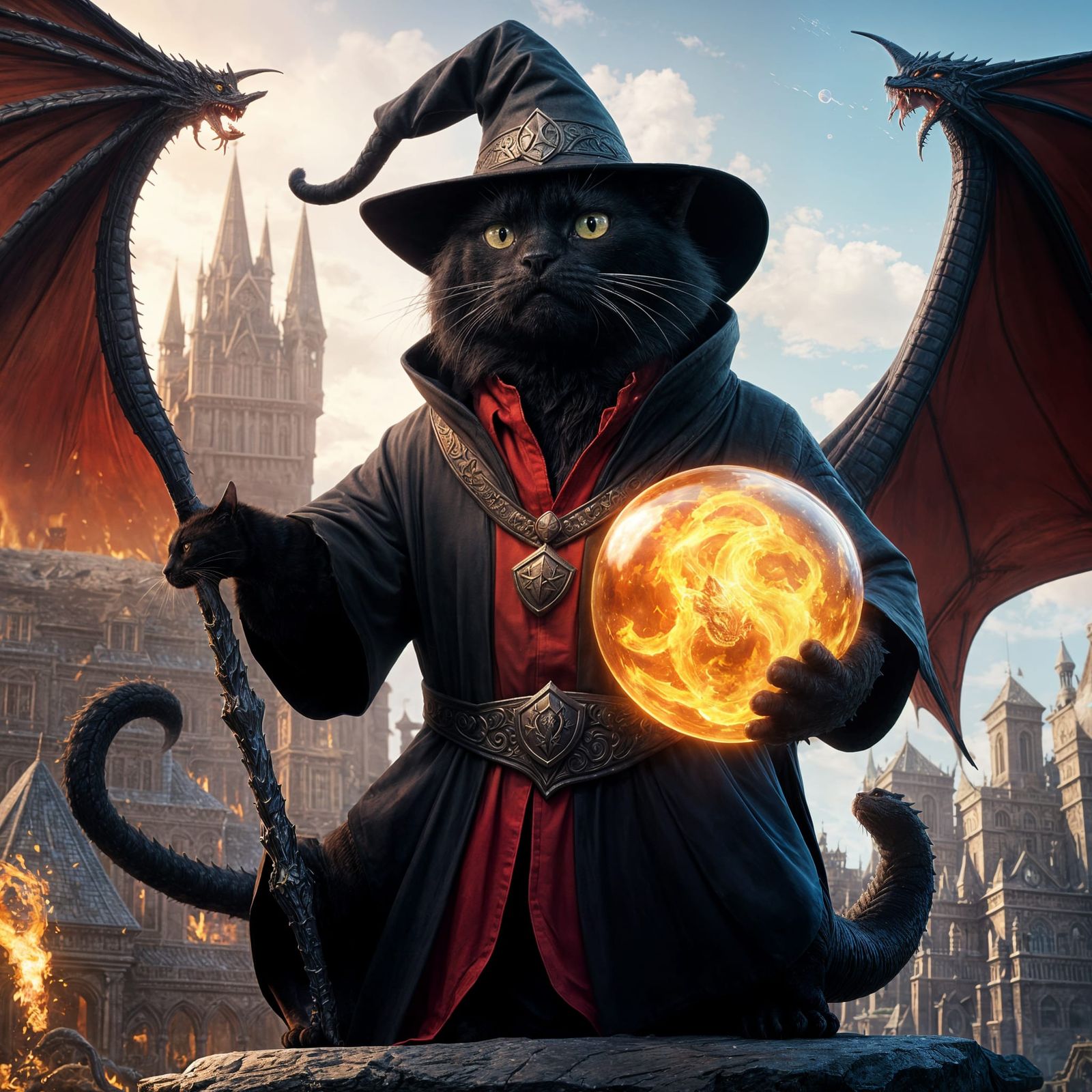 Wizard Cat Defends Against Dragon