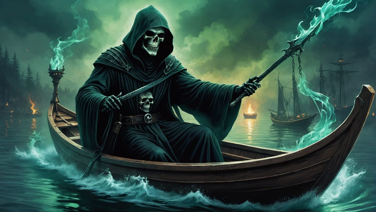 Grim Reaper Guiding Souls to Underworld in Boat