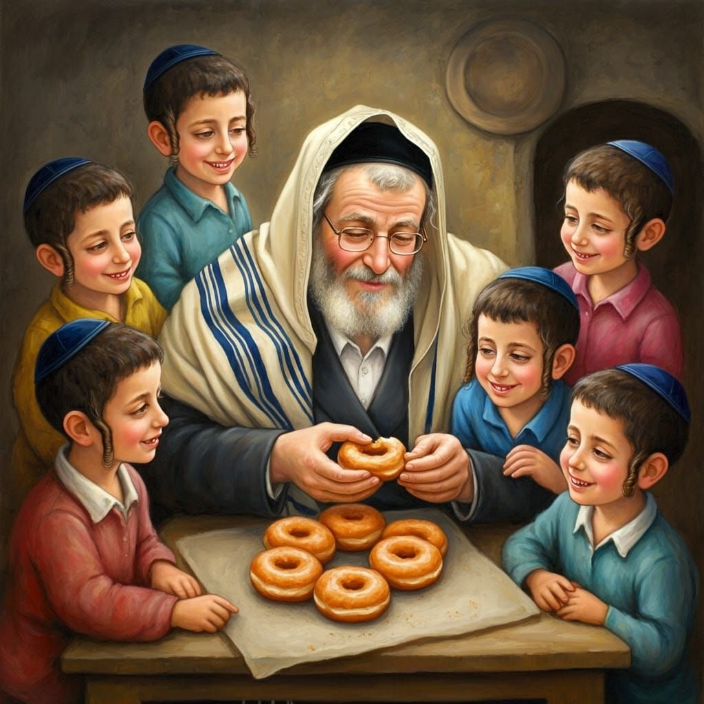 Warm Father Shares Doughnut with His Joyful Children, Folk-A...