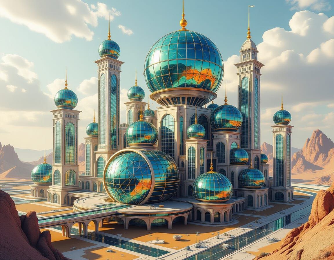 Fractal Retrofuturism Teslapunk City Arcology with Spirograp...