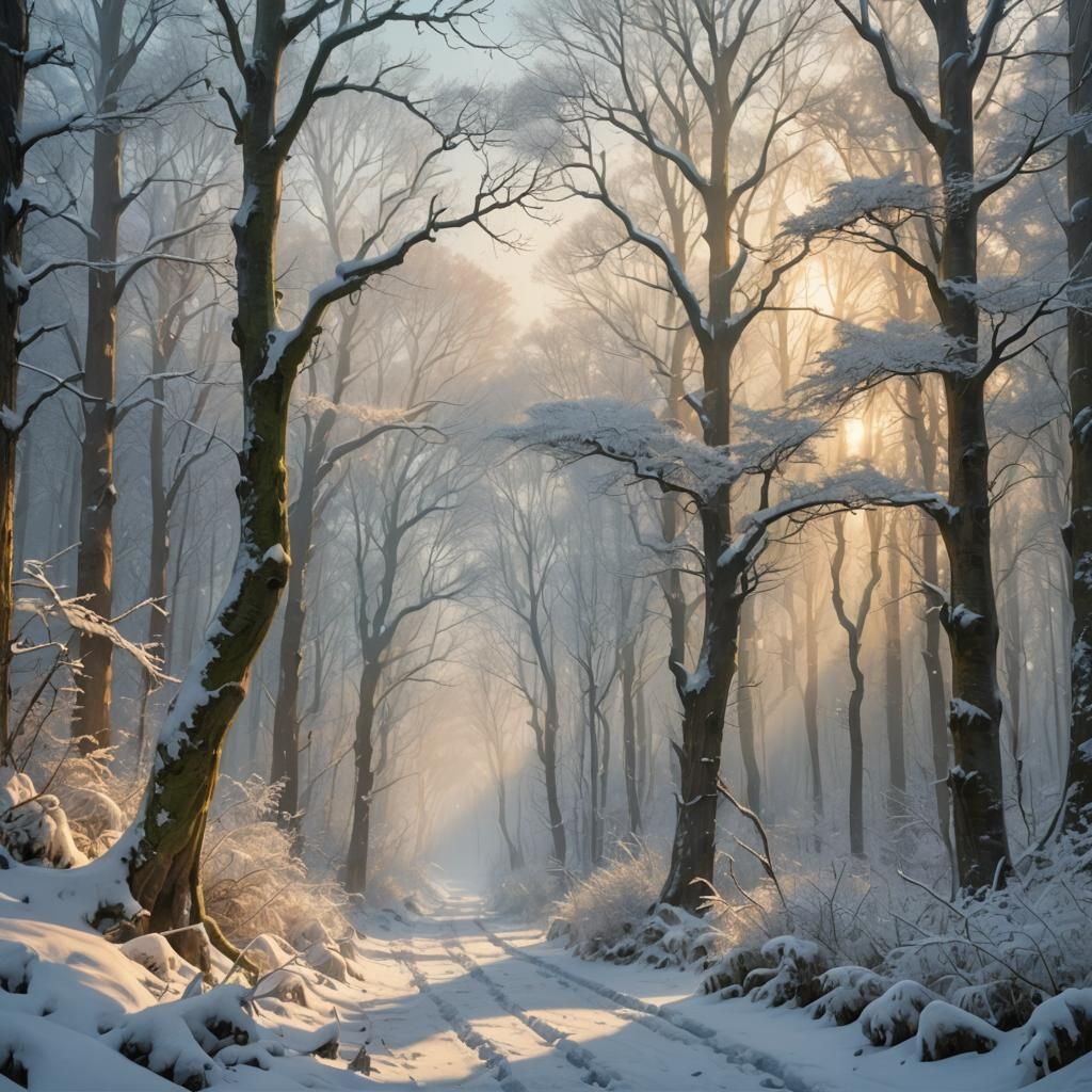 Snowy Forest Concept Art with Golden Light