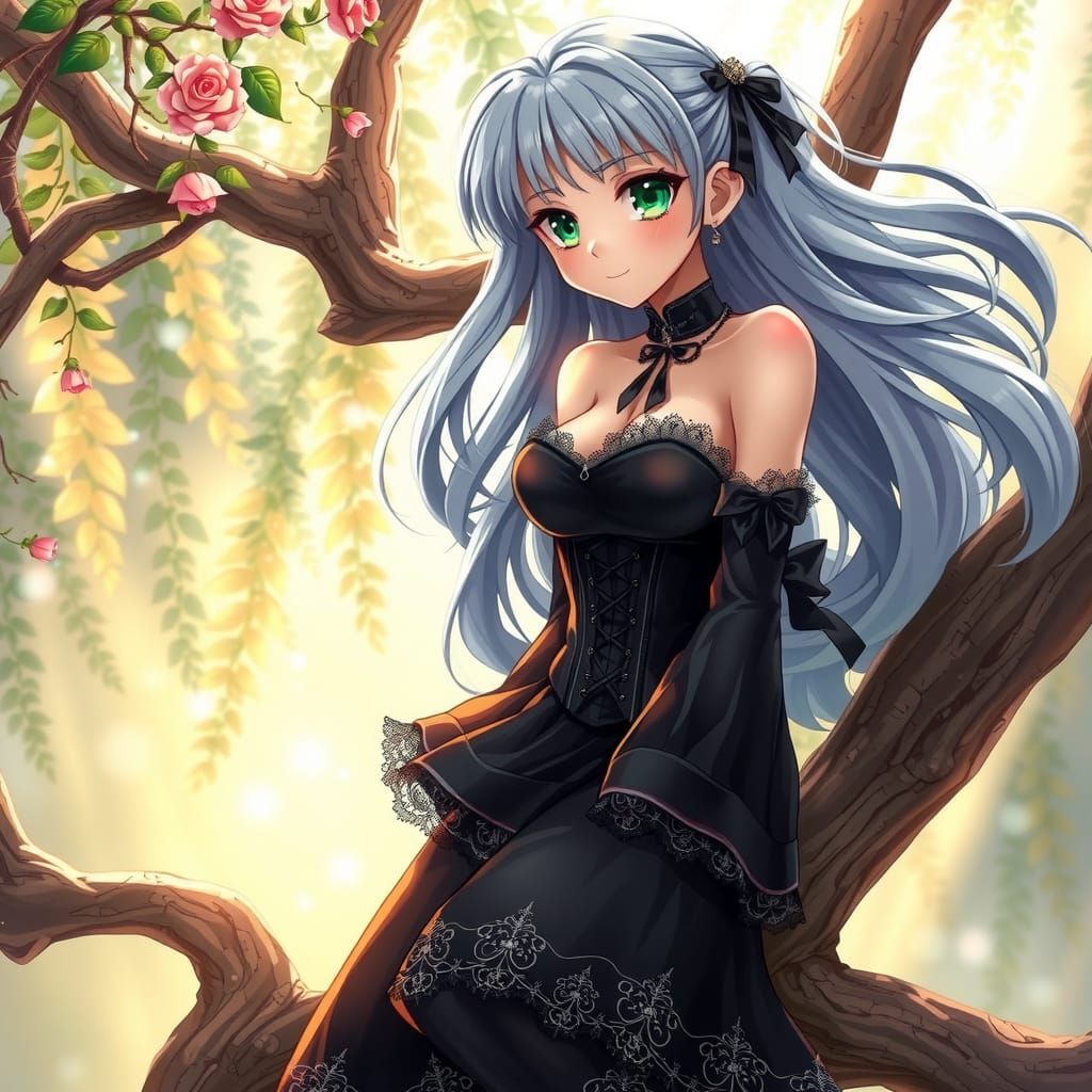 Gothic Woman with Silver Hair in Anime Style