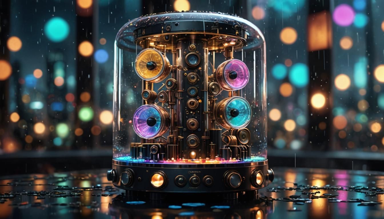 Steampunk Speaker Tower in Glass Jar with Bokeh Lights