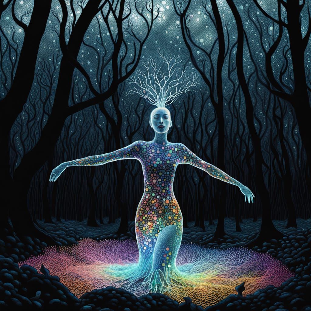 Ethereal Woman Blooms from Dark Forest Floor in Whimsical Su...