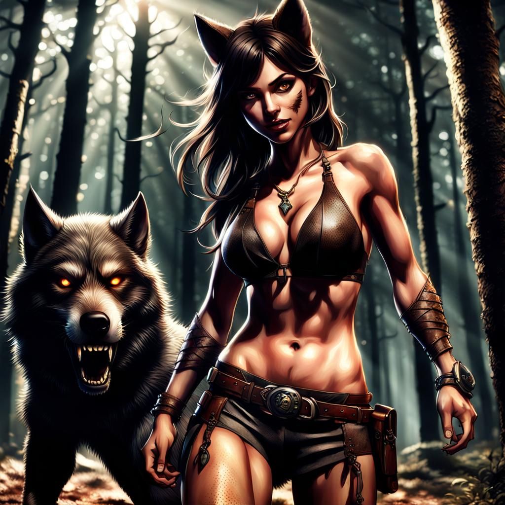 Hyperrealistic Werewolf Girl Hunting in Forest