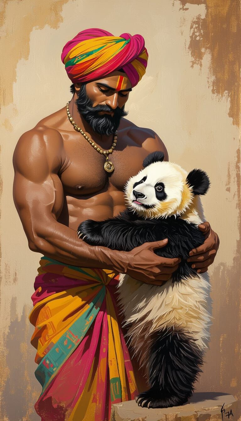 Farmer and Panda in Rustic Folk Art Style