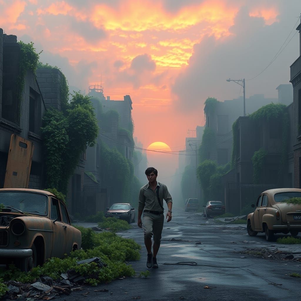 Young Man Walks Through Abandoned City in Vibrant, Post-Apoc...