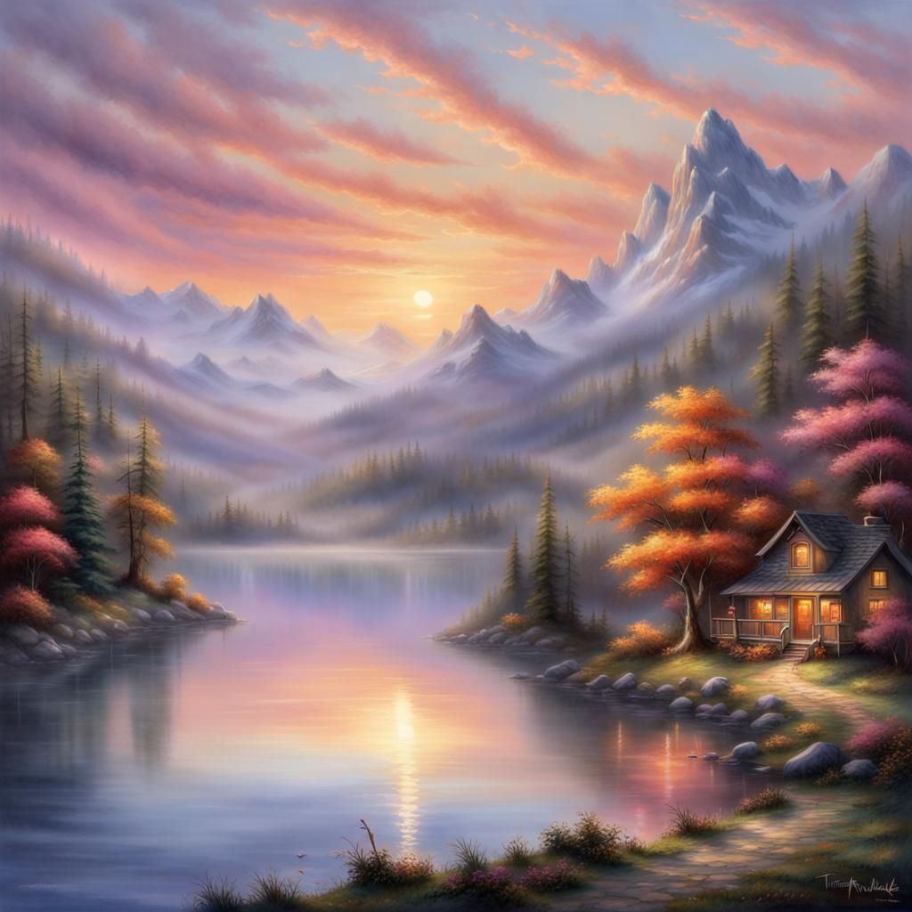 Mountain Lake Sunset: Ethereal Fantasy Art