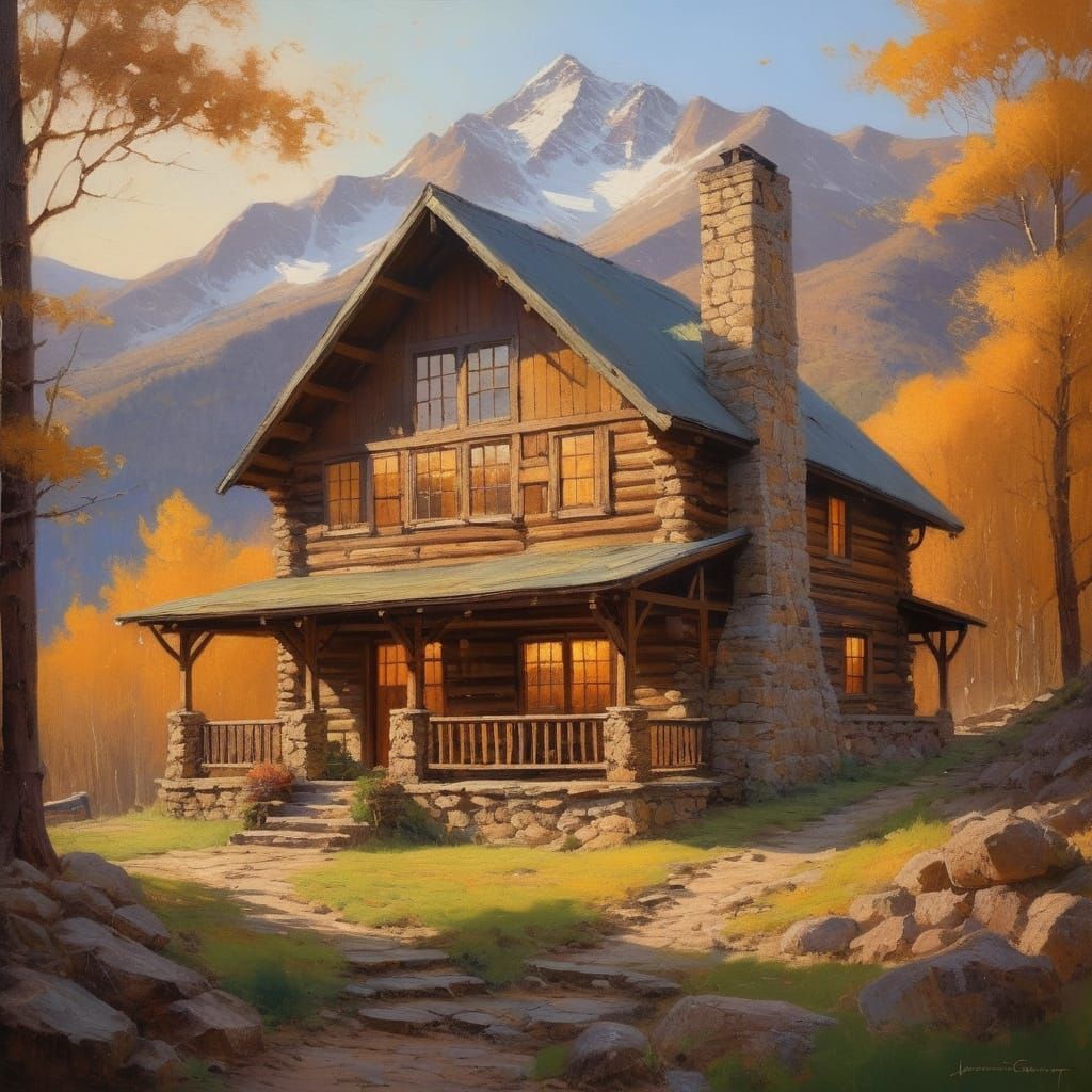 Rustic Mountain Retreat in Impressionist Oil Painting