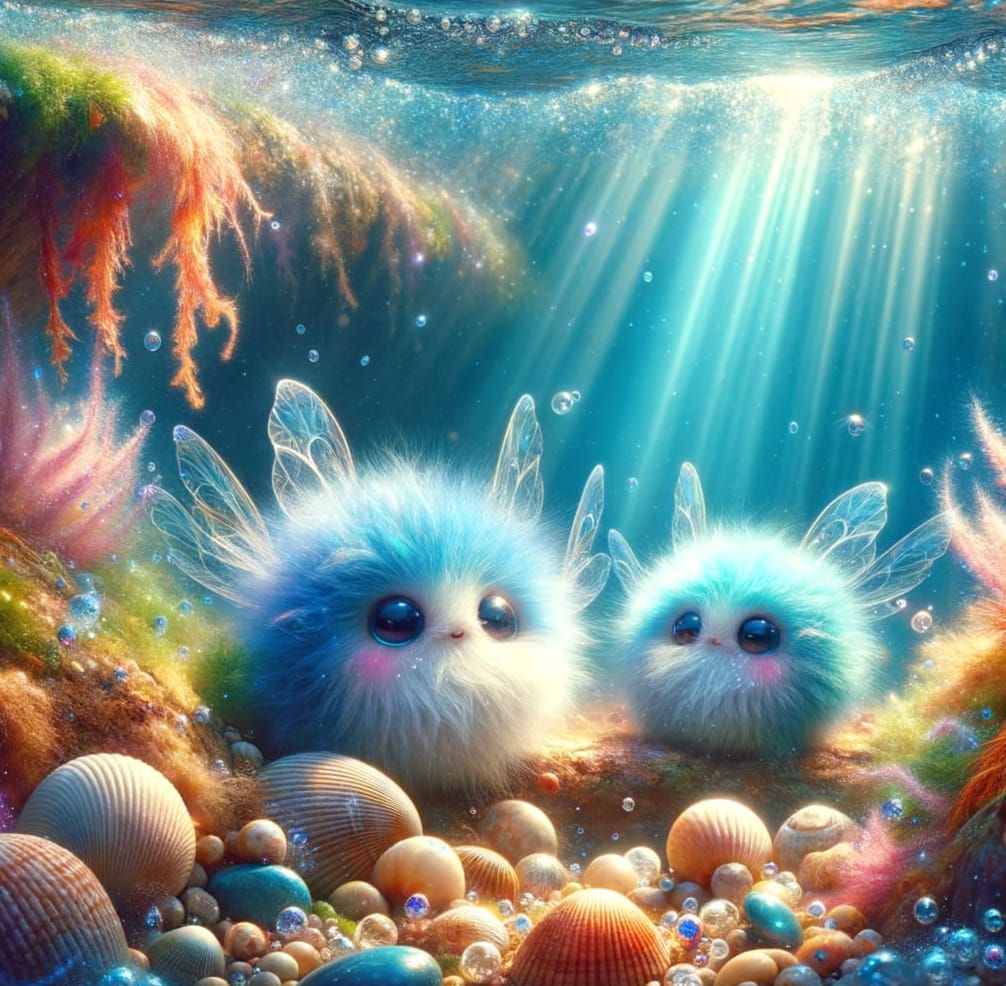 Magical Blue Fairies in Underwater Oasis, Ethereal Painting