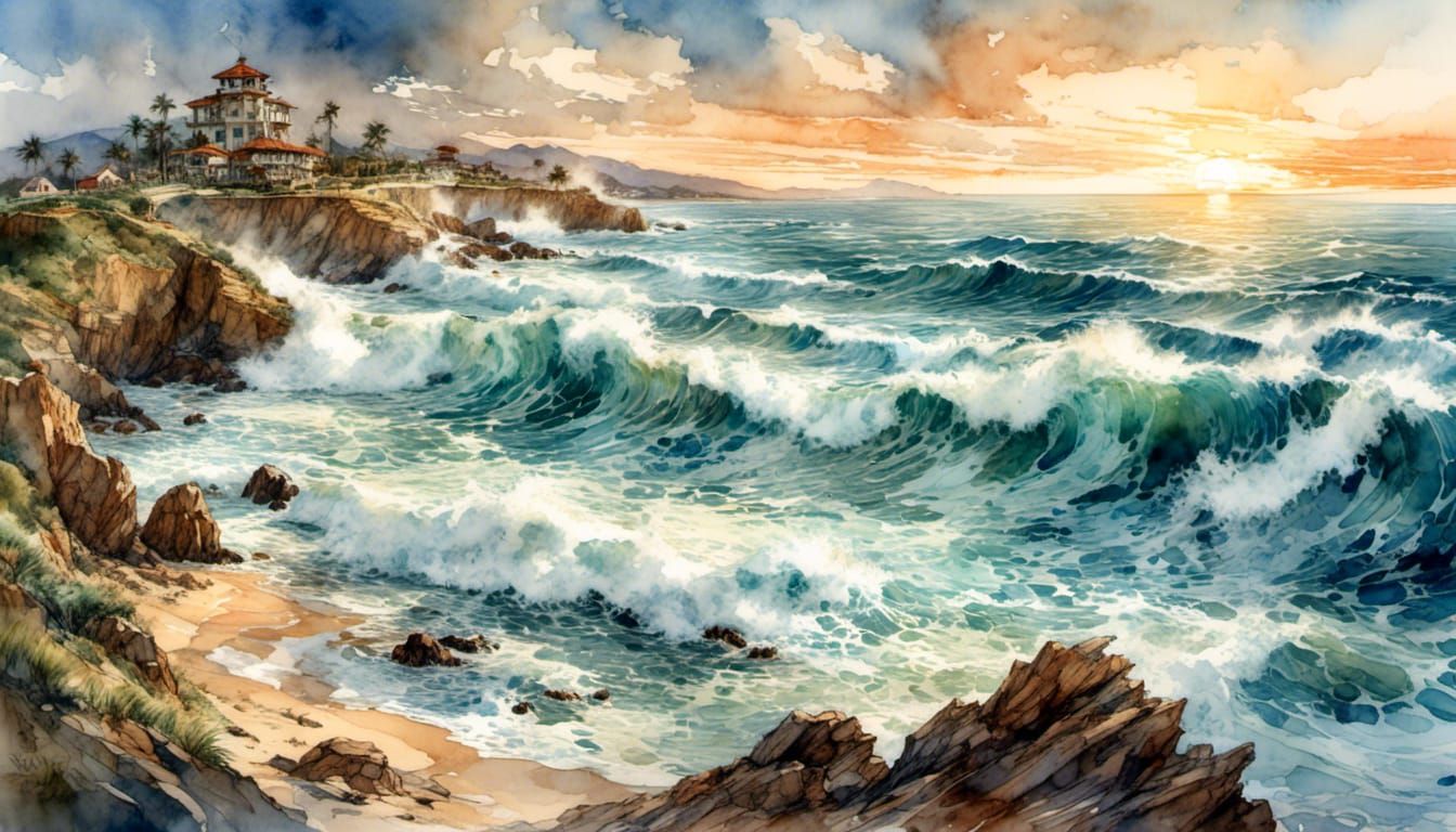 Sunset Coastline with Crashing Waves in Wavepunk Style