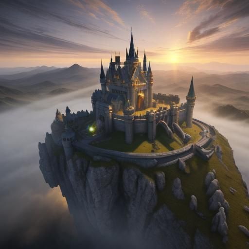 Epic Fantasy Castle with Golden Parapets at Sunset