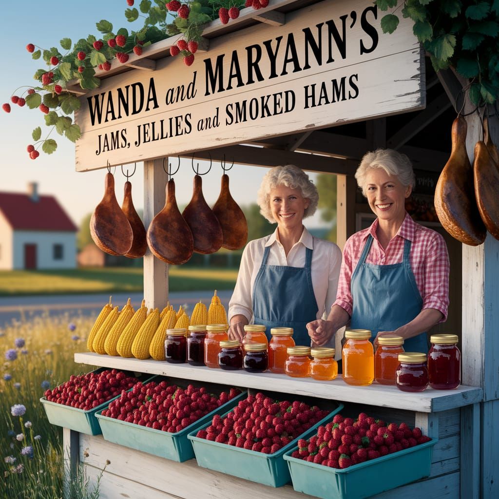 Norman Rockwell Style Fruit Stand: Jams, Hams & Honey