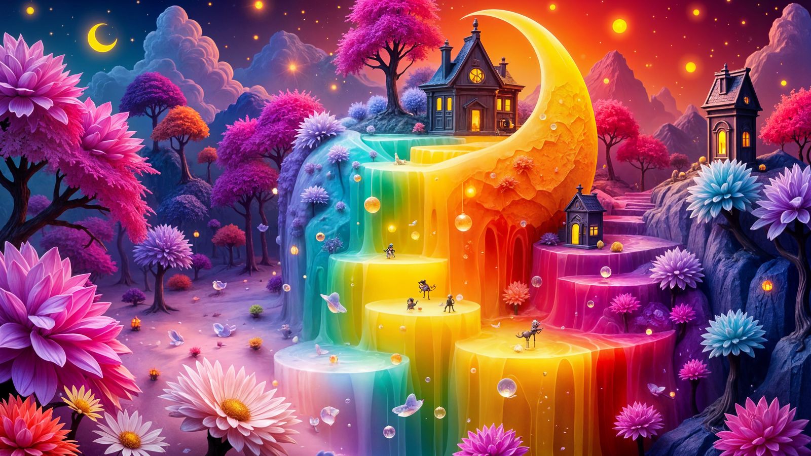 Miniature Village in Crescent Moon, Whimsical Art