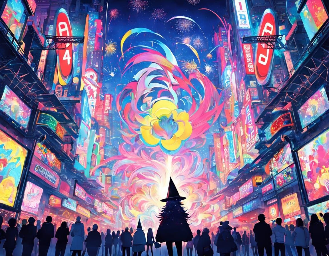 Futuristic New Year's Cityscape in Vibrant Colors