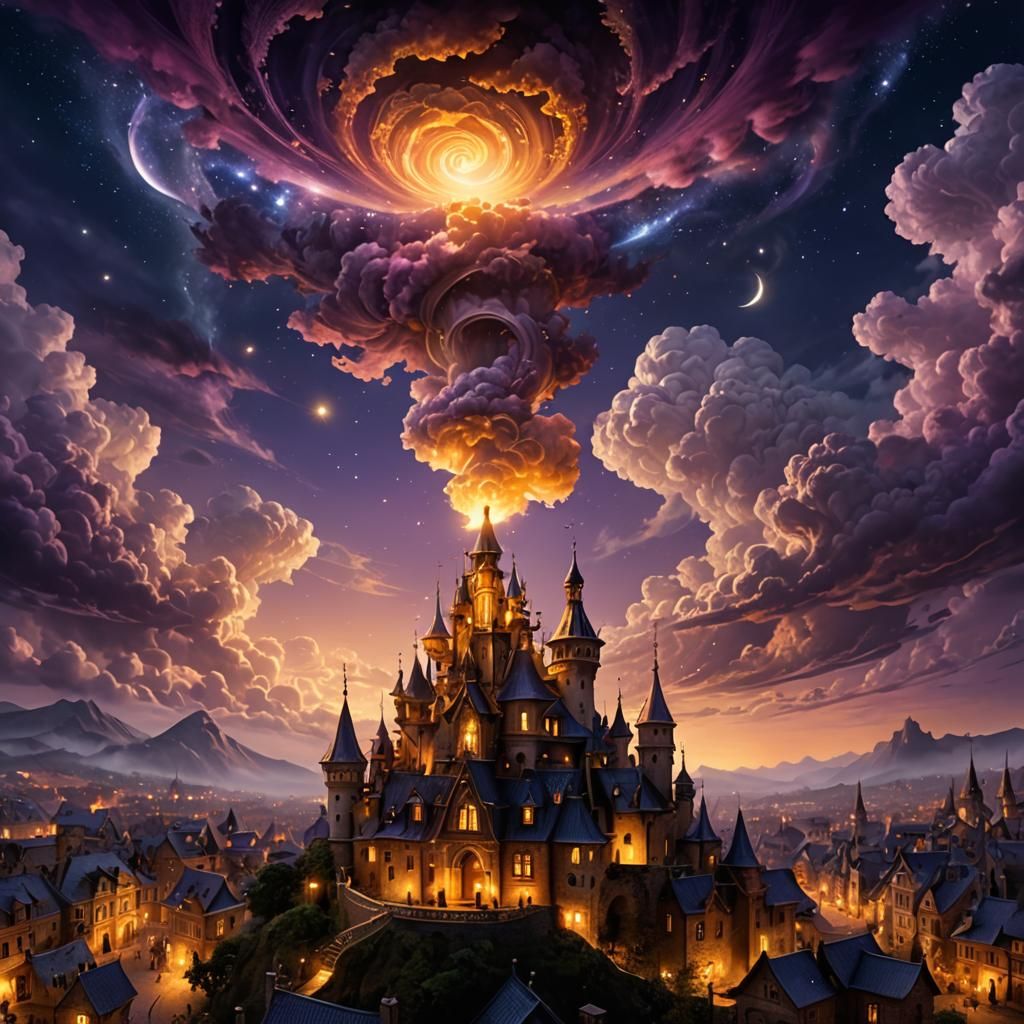 Smokey Steampunk Village with Celtic Vines and Ornate Detail...