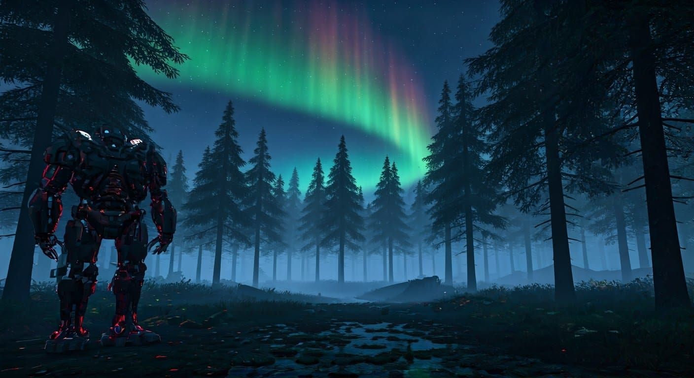 Futuristic Robot in Abandoned Forest with Aurora