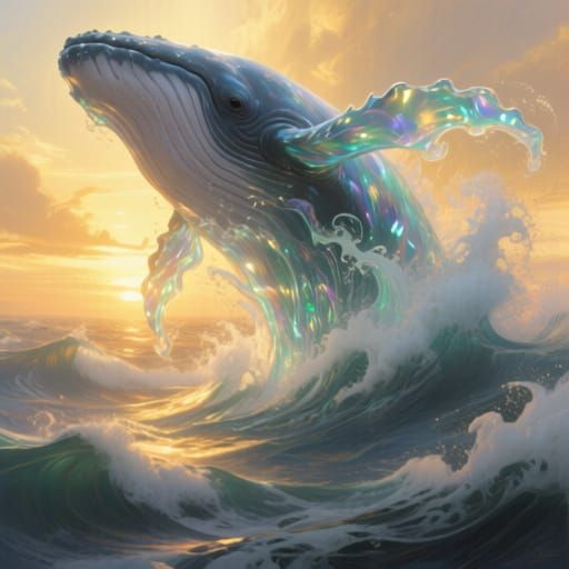 Translucent Wave Whale Leaping at Golden Sunset