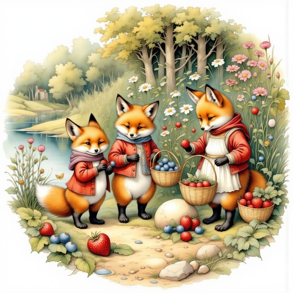 Whimsical Foxes Gather Berries on Lake Shore