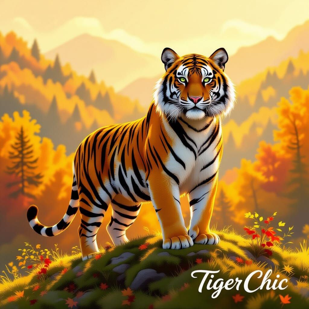 Golden Tiger on Sunlit Hill in Digital Art Style