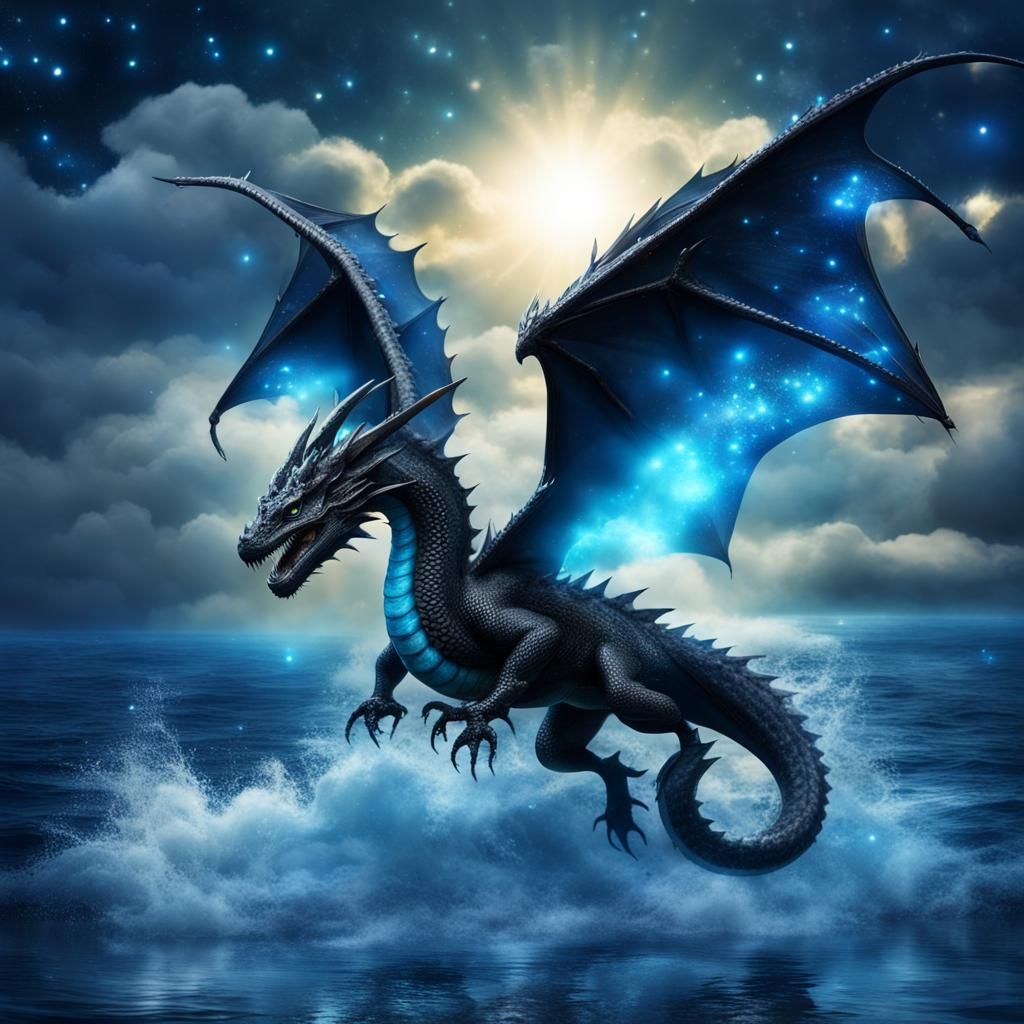 Mystical Dragon Flying Over Ocean at Night