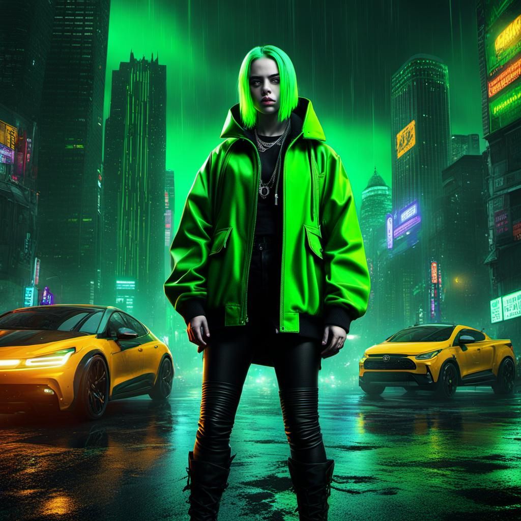 Punk Billie Eilish in Green Selective Color