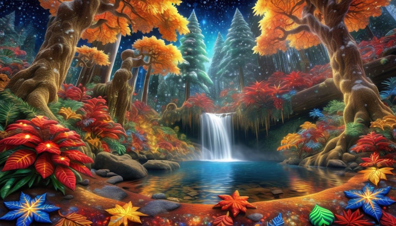 Klimt Style Autumn Waterfalls with Magical Forest